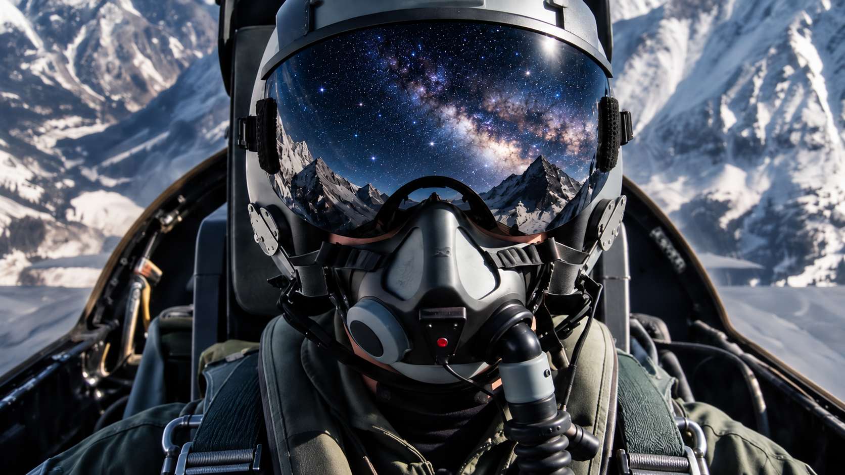 Pilot in a cockpit above snow-covered mountains