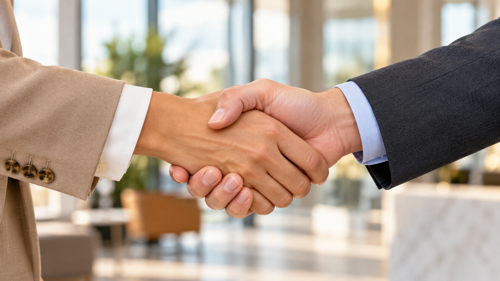 Two people shaking hands to mark a partnership