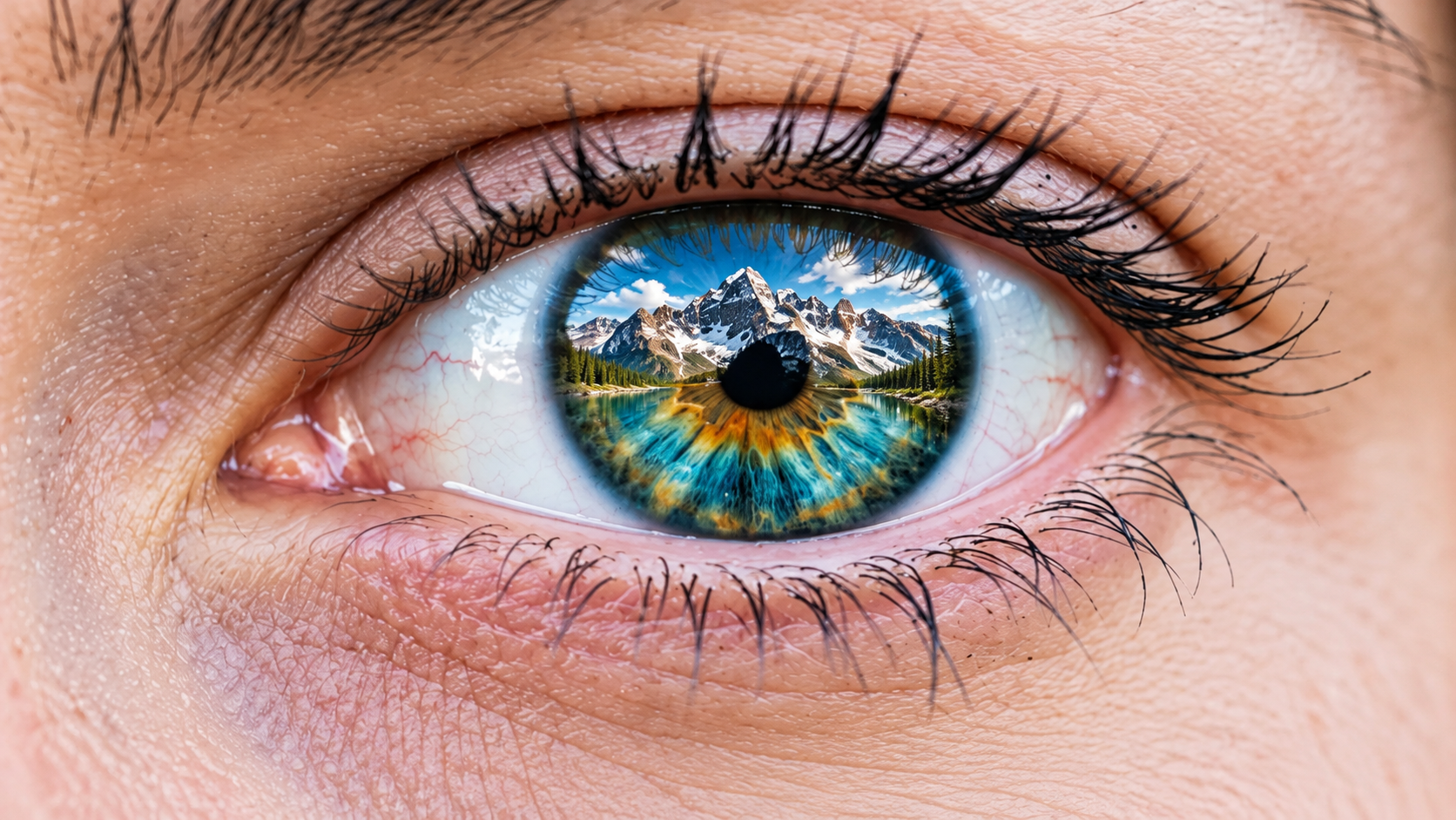 Close-up of an eye with a mountain reflected in the iris